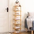 7-Tier Vertical Shoe Rack - Tall Narrow Shoe Rack Organizer for Small Spaces,Bamboo Shoen Shelf for Entryway,Closet,Corner,Doorway,Skinny Shoe Shelf Space Saving Shoe Storage (Natural, 7-Tier)