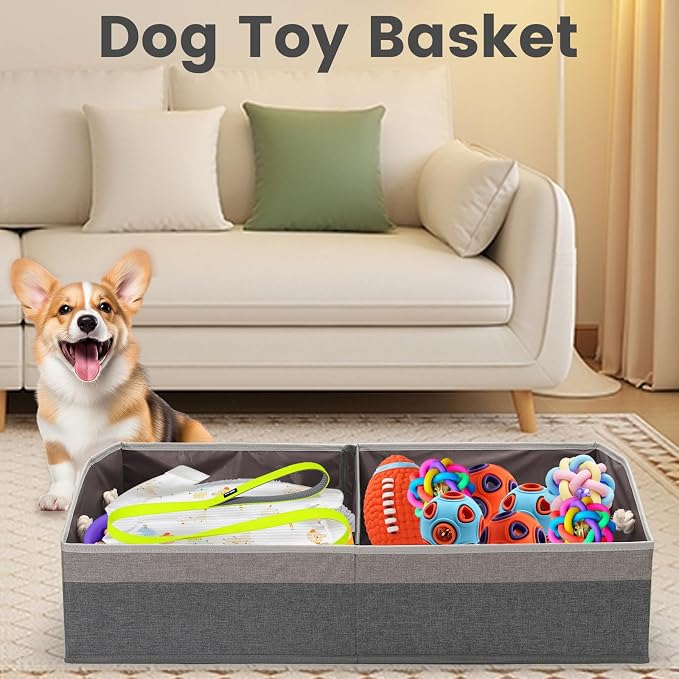 Large Dog Toy Basket with Handle, Foldable Dog Toy Box for Living Room Area , 28.5" Basket for Dog's Supplies, Organizer and Storage with Hard Board, Anti-Slip for Pet Toys (Gray, Large 28.5"×15")
