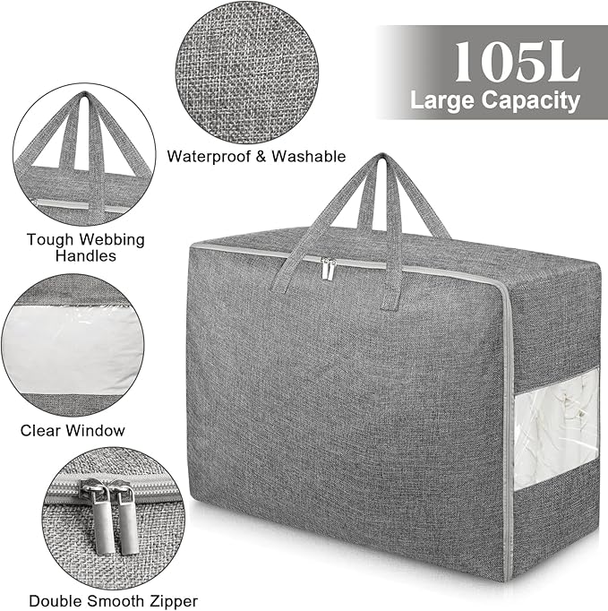 105L Extra Large Storage Bags, Folding Moving Comforter Blanket Storage Bags Closet Organizers and Storage Containers for Clothes with Strong Handles&Zippers Clear Window for Bedding Pillow Grey 8Pack