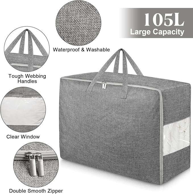 105L Extra Large Storage Bags, Folding Moving Comforter Blanket Storage Bags Closet Organizers and Storage Containers for Clothes with Strong Handles&Zippers Clear Window for Bedding Pillow Grey 2Pack