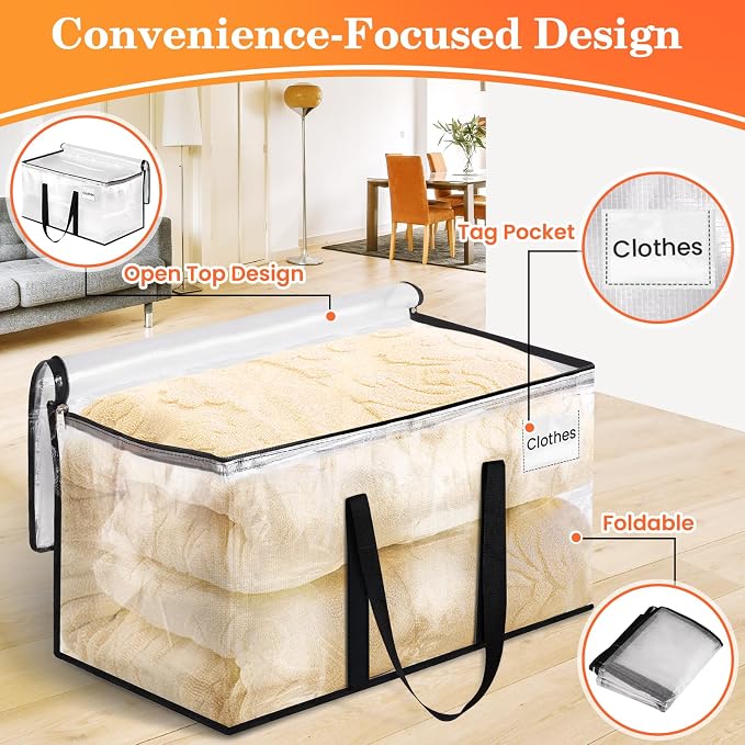Extra Large Heavy Duty Moving Bags, Storage Bags with Strong Zippers & Handles, Packing Bags for Moving Essentials, Ideal Storage Tote for Home, Dorm & Storage Solutions, 76L-10 Packs, Clear