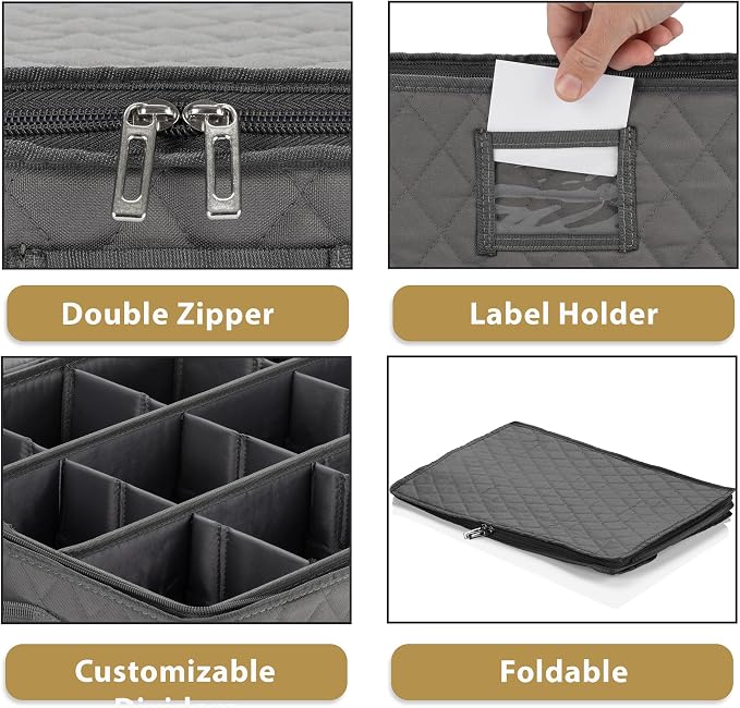 2 Pack - China Cup Storage Chests Hold 24 Coffee Cups or Mugs – Stackable Glassware Organizer with Customizable Dividers and Inner Case for Extra Protection – Gray
