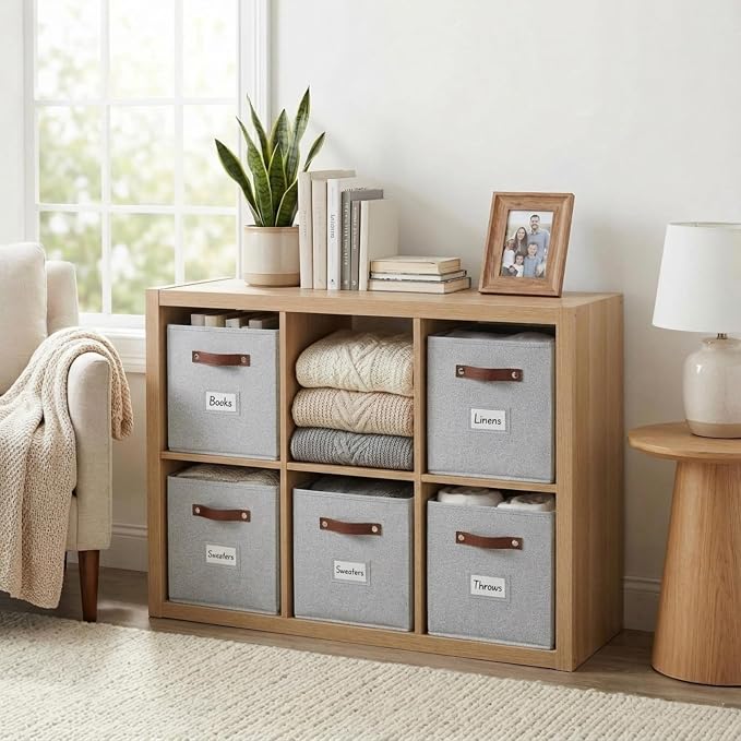 DECOMOMO Storage Bins, Cube Storage Bin with Labels | 10.5" x 11" Fabric Storage Cubes for Shelves (6pcs, Light Texture Grey)