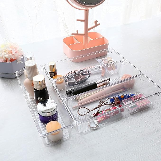 LotFancy 8 Pack Clear Plastic Drawer Organizers, 9.2''×3''×2'', Food Grade Storage Trays, Non-Slip Storage Bins for Kitchen Utensil, Silverware Cutlery, Bathroom, Office Desk, Makeup, Jewelry