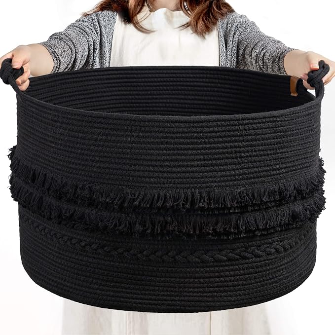 CherryNow 22"x22"x14" Large Blanket Basket, Home Décor for Living Room Bedroom, Boho Decorative Laundry Basket for Clothes, Baby Toy Storage, Black