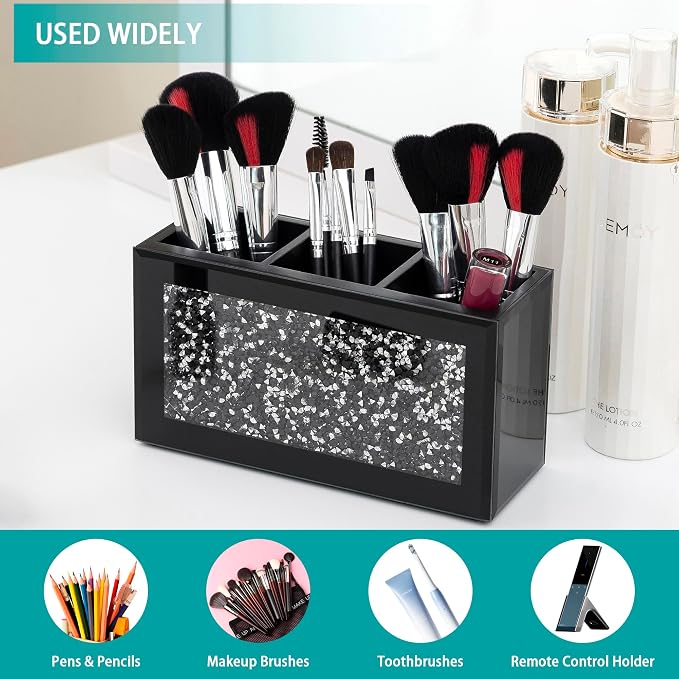 SHYFOY Black Makeup Brush Holder Organizer, 3 Slots Glass Cosmetic Brushes Storage with Crushed Diamond, Pencil Pen Holder for Desk, Desk Organizer and Accessories for Vanity