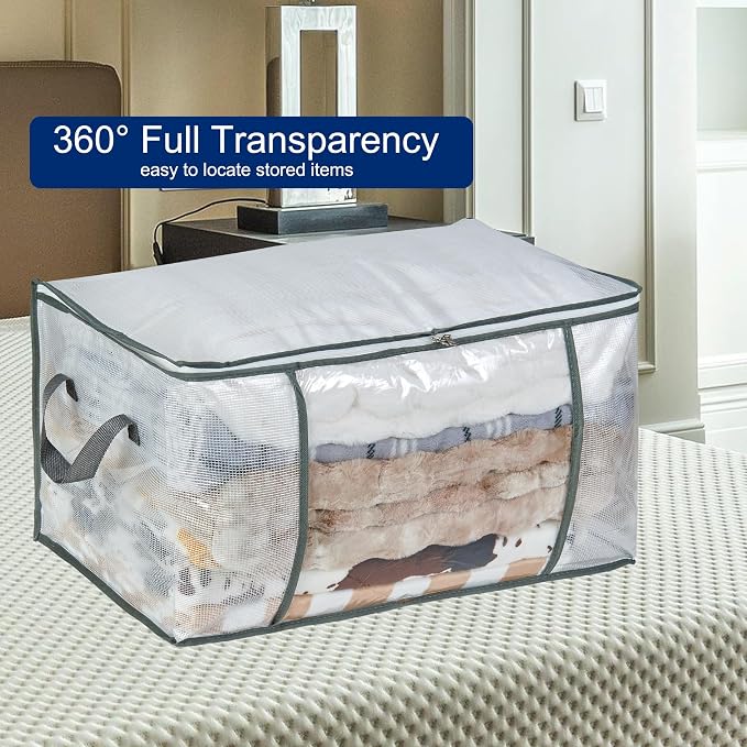 MKOKYD 80L Clear Large Storage Bag, Clothes Storage Containers for Organizing Closet, Bedroom, Underbed, Comforters, Clothing, Blankets, Pillow, Foldable Organizer with Sturdy Handle and Zippers (8)