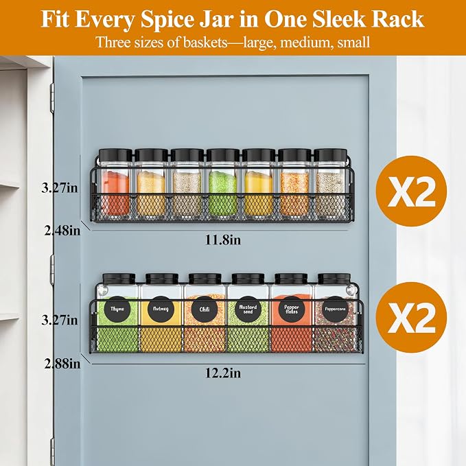 Wall Mounted Spice Rack Organizer, Pantry Door Organizer & Hanging Storage Baskets, Metal Spice Shelf for Kitchen Cabinet, 2 Depth Sizes Hold Large Jars to Nail Polish Bottles, 4 Pack