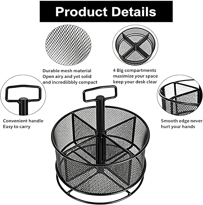 Marbrasse Mesh Desk Organizer, 360-Degree Rotating Multi-Functional Pen Holder, 4 Compartments Desktop Stationary Organizer, Home Office Art Supply Storage Box Caddy (Black)