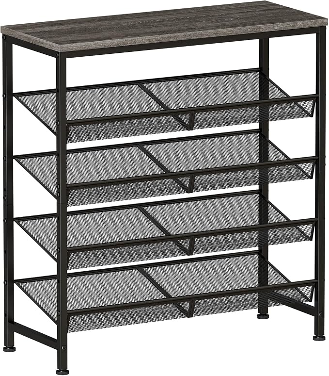 DUMOS 5-Tier Shoe Rack, Mesh Shelves & Wooden Top, Holds 20 Pairs, Grey Oak | Adjustable shelves lay flat or angled, metal frame with leveling feet, fits entryways & closets, grey oak finish