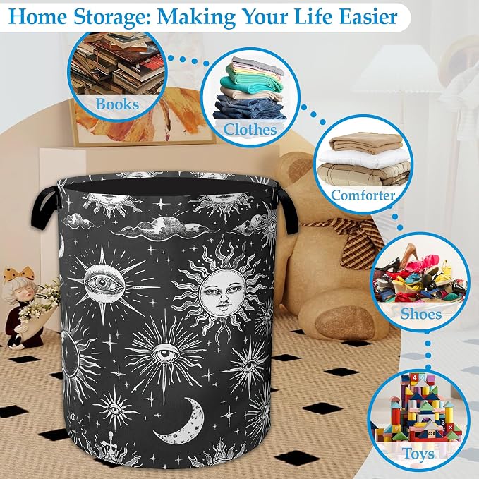 Sun Moon Laundry Basket Collapsible Laundry Hamper Oxford Storage Bin for Clothes Storage, Toy Organizer, Books and Sundries 16" X 20.8"
