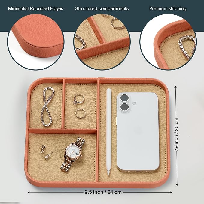 Nordik Leather Valet Tray - Coral Blush Pink - 9.5 x 7.9 Inch Medium Vegan Leather Tray - Stylish Nightstand Organizer for Men - Modern Bedside Caddy - EDC Catchall for Key Watch Wallet Jewellery