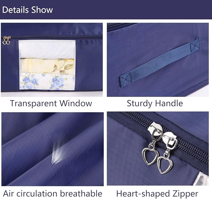 Blanket Storage Bags Pillow Bedspread Bedding Clothes Organizer Storage Containers With Zippers Breathable and Moistureproof. (Navy blue 2pcs, L)