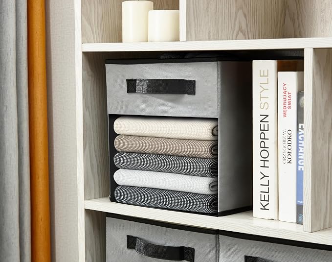DECOMOMO Storage Bins, Cube Storage Bin with Window | 13" Cube, 6 Pack, Fabric Storage Cubes for Shelves (Grey)