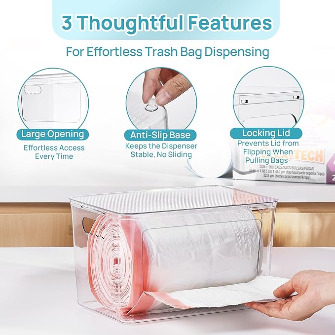 Vtopmart 2 Pack Clear Trash Bag Holder, Stackable Garbage Bag Dispenser | Trash Bag Organizer for 13/30/33 Gallon Bags, Clear Organizer Bins for Under Kitchen Sink, Laundry Room Organization