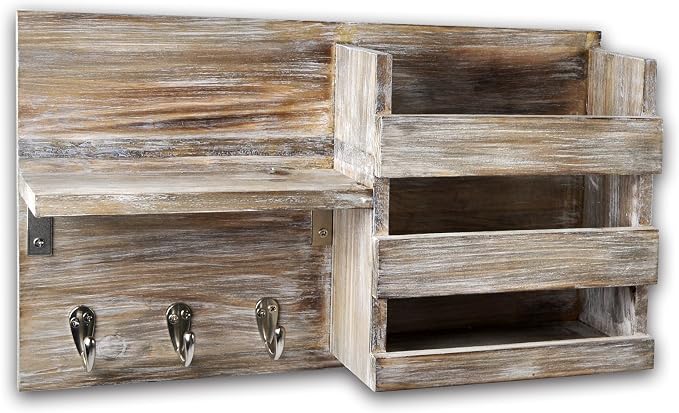 Rustic Wooden Wall-Mounted Key Hooks Holder & Mail Sorter | Farmhouse Decor | 3 Metal Hooks & Small Shelf | Natural Torched Wood | Easy Installation