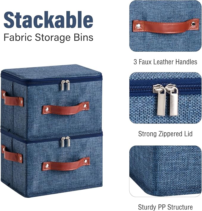 Storage Bin Box with Zippered Lid Cotton Linen Fabric Decorative Basket PU Leather Handles PP Plastic Board Foldable Lidded Clothing Shelf Closet Organizer Container (Denim Blue, Small)
