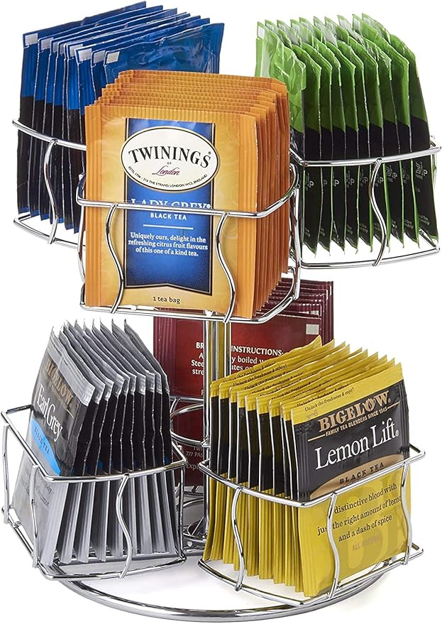 Nifty Tea Bag Spinning Carousel – 6 Compartments, Up to 60 Tea Bags Storage, Spins 360-Degrees, Lazy Susan Platform, Modern Chrome Design, Home or Office Kitchen Counter Organizer
