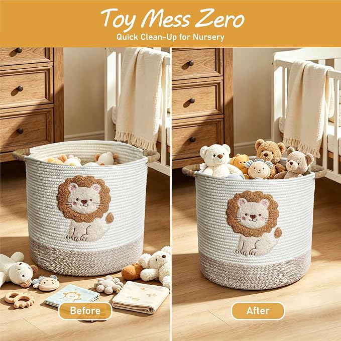 Cute Nursery Bin, Baby Toy Organizer (13.8"x13.8"), Storage Basket for Organizing, Woven Rope Basket for Shelves, Cute Baskets with Handle for Nursery, Playroom (Lion, Large)