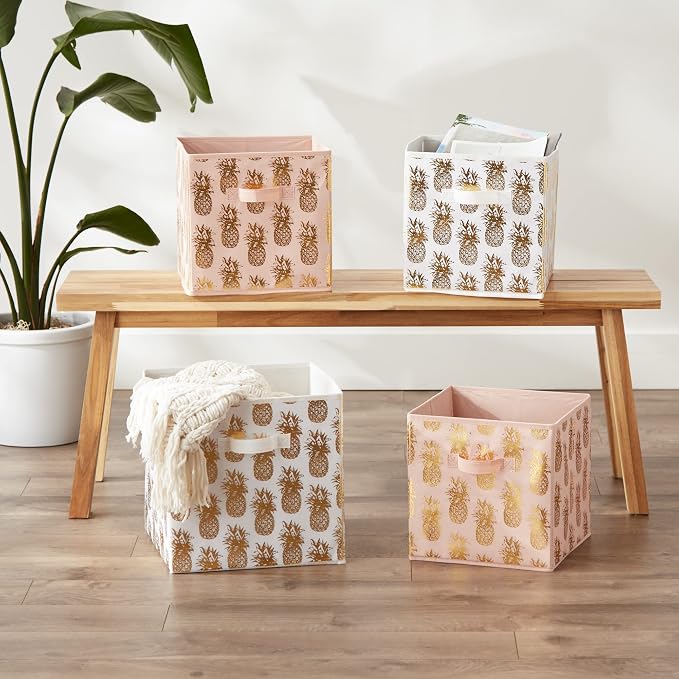 DII Non Woven Polyester Storage Bin, Metallic Pineapple, White & Gold, Small Set of 4