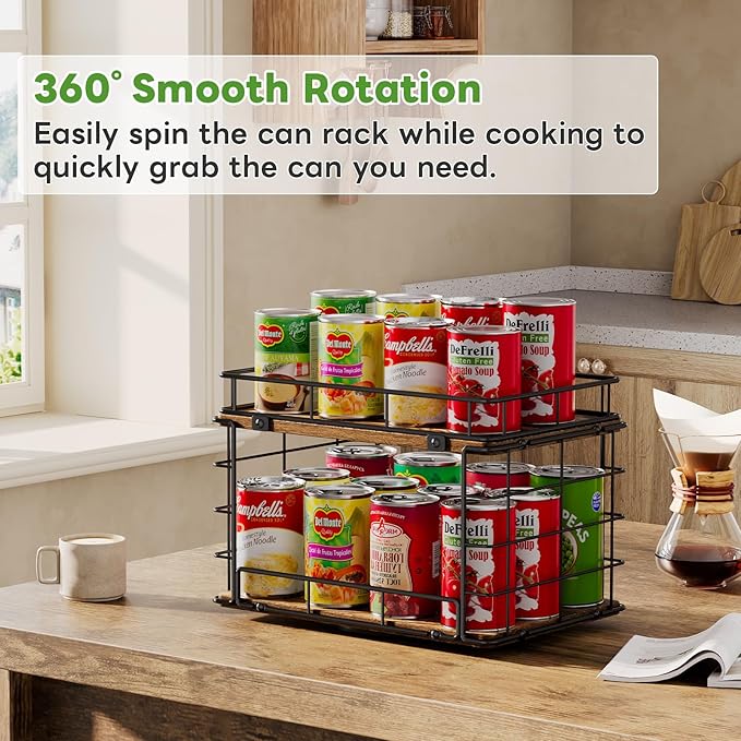 360° Rotating Can Rack Organizer for Pantry, 2-Tier Lazy Susan Can Organizer Holds Up to 26 Soda Cans, Metal Wire & Wood Shelf with Turntable Storage for Kitchen Cabinet, Pantry & Countertop