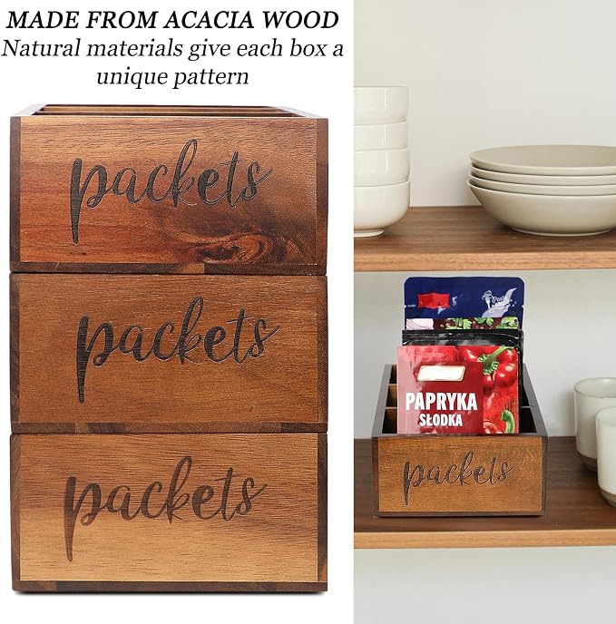 LBEMEY Packet Organizer, Acacia Wood Packet Storage Organizer with 3 Compartments,Farmhouse Kitchen Organization for Spice, Gravy, Taco, and Dressings Packets for Kitchen, Brown Labeled Packets
