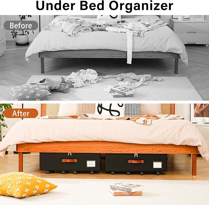 Freebat Under Bed Storage Organizer with Wheels 2 Pack, 7.5 inches Height Underbed Container with Clear Lid Cover, Storage Bag Box with Visiable Window for Clothes, Bedsheet, Pillow