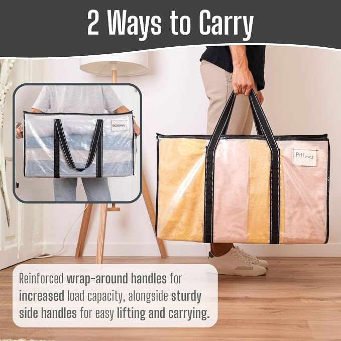 VENO 6 Pack Clear Moving Bags Heavy Duty, 90L Extra Large Transparent Storage Bags, 50lbs Loads, Zippers, Handles & Tag, Moving Boxes Alternative for College Dorm Essentials, Closet