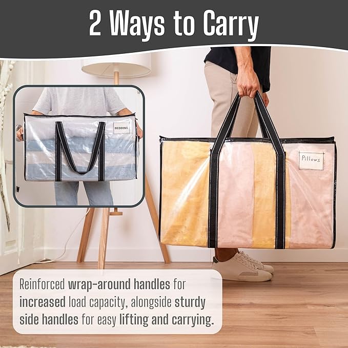 VENO 8 Pack Clear Moving Bags Heavy Duty, 90L Extra Large Transparent Storage Bags, 50lbs Loads, Zippers, Handles & Tag, Moving Boxes Alternative for College Dorm Essentials, Closet