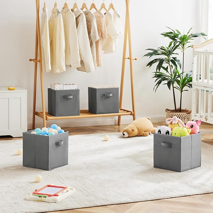 MAX Houser 6 Pack Foldable Fabric Storage Bins with Handles - Ideal for Closet Organization, Bedroom (Grey, 10.5"x10.5"x11")