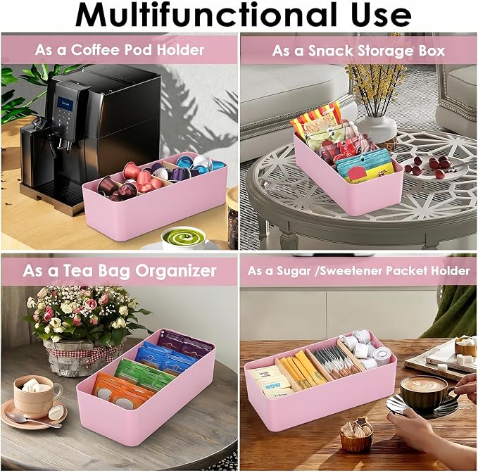 BSTKEY Seasoning Packet Organizer, Food Storage Organizer with Divided 4 Bamboo Wood Compartments, Pink Plastic Storage Caddy for Pantry Cabinet, Kitchen Organization Bin for Snacks Spice Packet