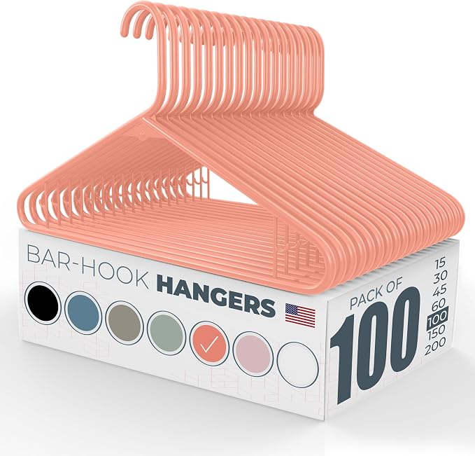 Plastic Hangers 100 Pack – Made in the USA – 6lb Capacity Standard Clothes Hangers with Strap Hooks for Dresses, Lingerie, Shirts, Pants, and Jackets – Peach