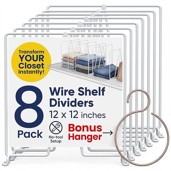 White Wire Shelf Dividers for Closet Organization – 12-Pack - Sturdy and Easy Set-Up Closet Shelf Dividers with Bonus Rose Gold Hanger - 12 inches x 12 inches