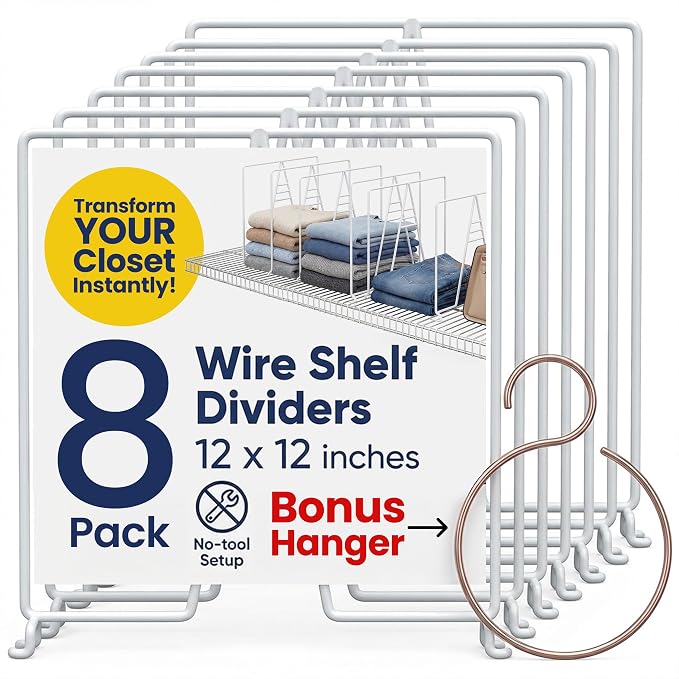 White Wire Shelf Dividers for Closet Organization – 24-Pack – Sturdy and Easy Set-Up Closet Shelf Dividers with Bonus Rose Gold Hanger – 12 inches x 12 inches