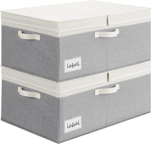 GRANNY SAYS Decorative Storage Boxes with Lid, Large Storage Bins with Double-Open Lid, Fabric Storage Basket for Clothes, 63L Closet Linen Storage Bin, White&Gray, 2-Pack