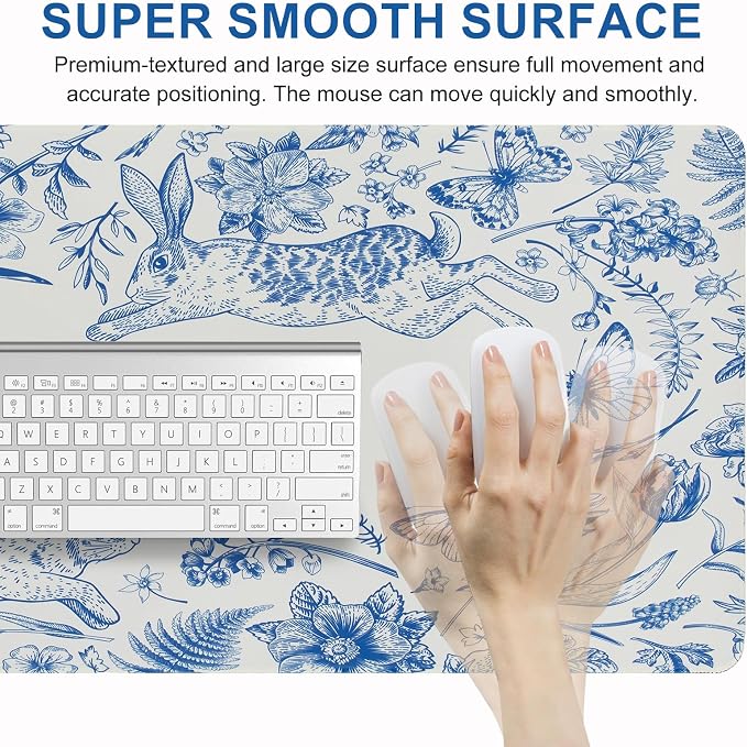 L-SPOUTTO Blue Floral Desk Mat for Keyboard and Mouse,XXL Gaming Mouse Pad | Large 35.4x15.7in Non-Slip Rubber Base Keyboard Pad ,Waterproof Desktop Mat for Laptop Computer Work Home Office