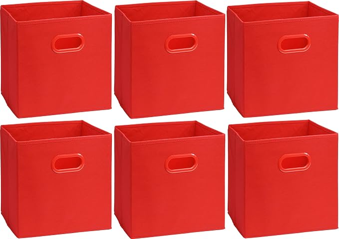 Simple Houseware Foldable Cube Storage Bins with Handles, 11-Inch, Red, 6-Pack, Fabric Cubes Organizer for Closet or Shelves