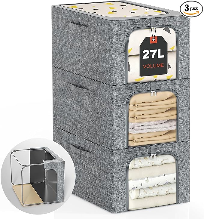 GoMaihe Clothes Storage Bins Metal Frame: 3-Pack Compact Stackable Closet Storage Bin with Lid & Clear Window, Space Saving Organizer for Sweaters Kids Clothes (Dorm/Closet 27L)