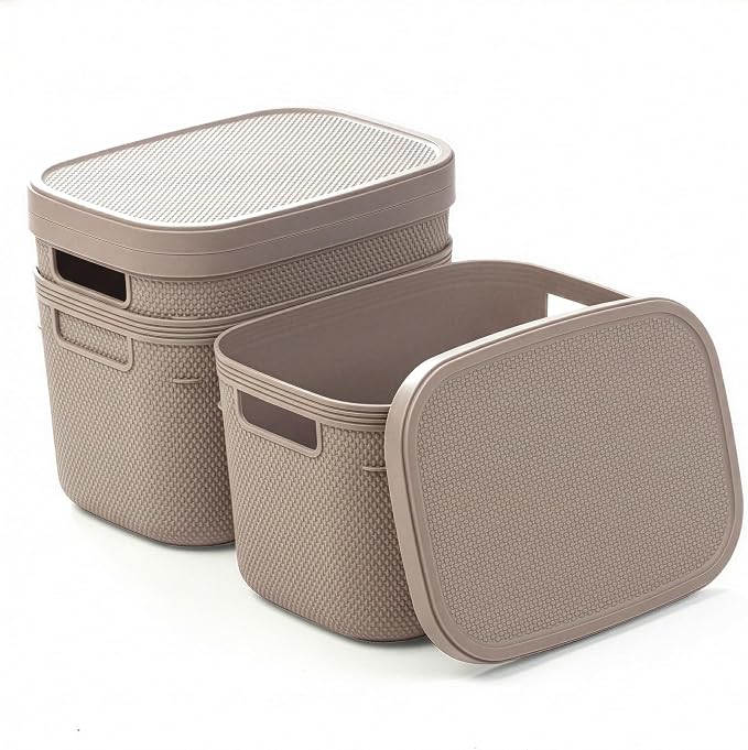 BINO | Plastic Storage Bins with Lids, 5.5 Liter - 3 Pack, Taupe | THE TWILL COLLECTION | Plastic Bins for Organization | Woven Storage Baskets for Organizing | Pantry Shelf Organizer Basket Bin