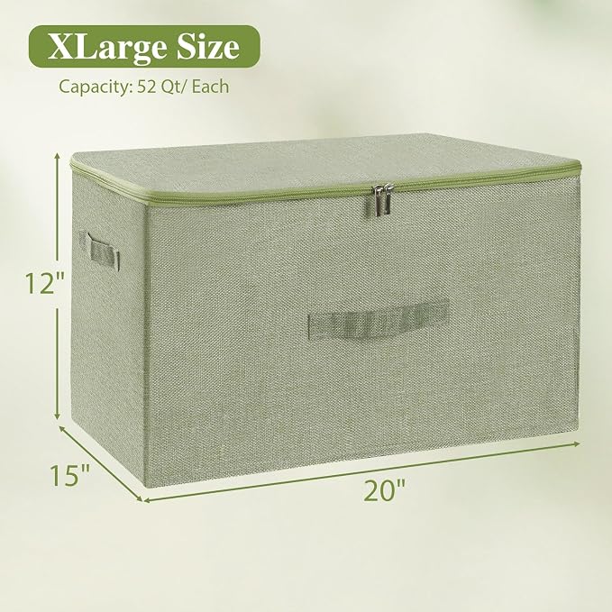 ANMINY Storage Bins with Zipper Lids 51.9 Qt Lidded Fabric Storage Boxes Baskets Cubes with Handles Collapsible Washable Cotton Linen Closet Shelf Clothes Organizer - Green, Extra Large