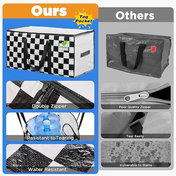 BETU 10 Pack Moving Bags Moving Storage College Dorm Camping Packing Travel PE Heavy Duty, Sturdy Handle, Zipper Large Storage Tote Bag Moving Boxes Box Alternative - White Plaid 29L x 15W x 15H
