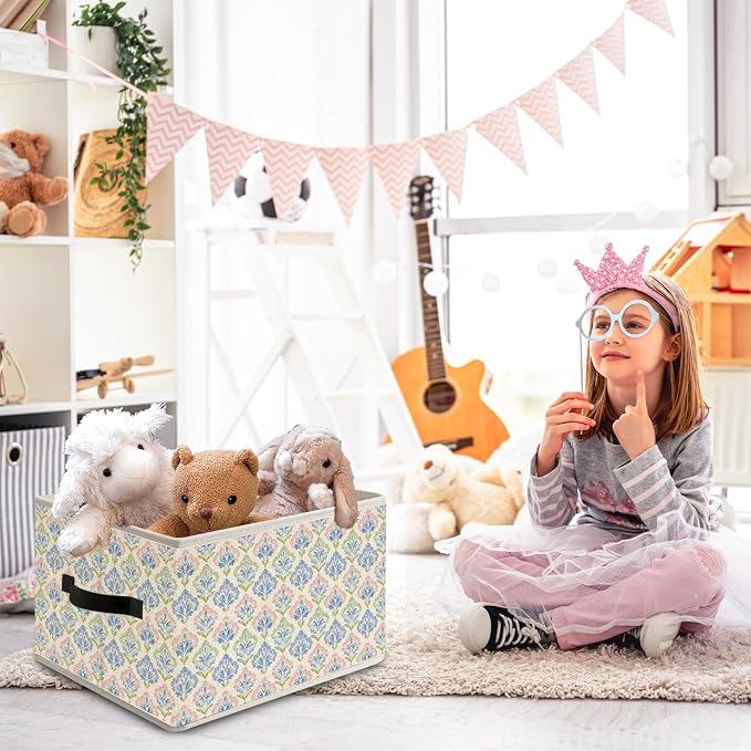 Girly Pastel Jewels Storage Bin Box with Handles, Grandmillenial Blue Green Pink Floral Cottagecore Foldable Organizer Basket Toybox for Girls Dorm Bedroom Bathroom Clothes Toys Books