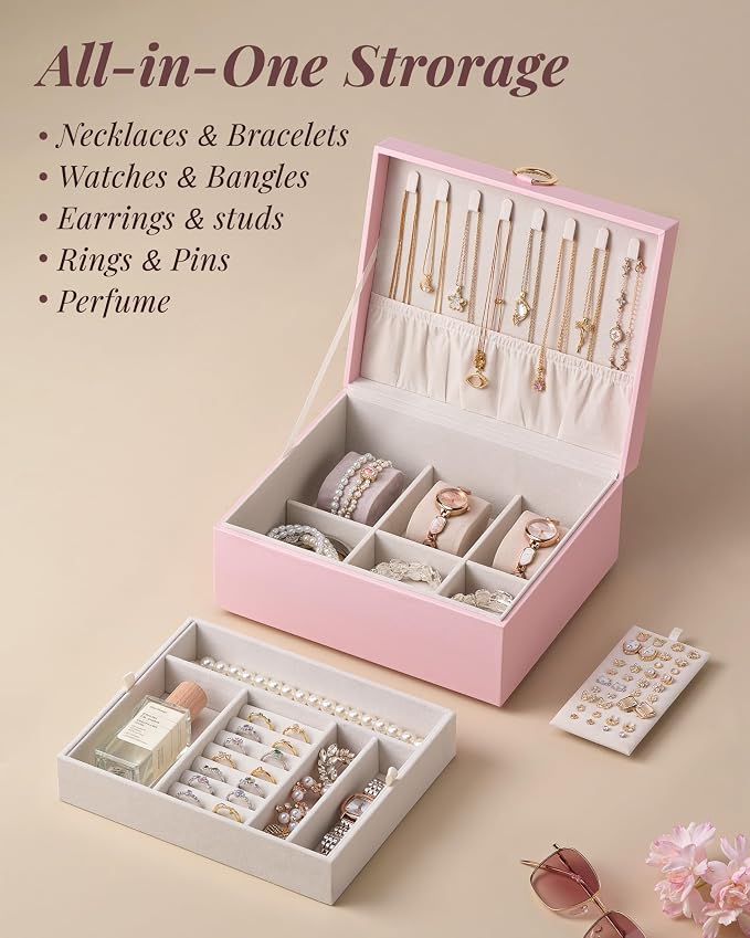 pickpiff 2 Layer Jewelry Box Organizer for Women, Jewelry Organizer with Handle & Removable Tray, Necklace Holder Ring Earring Storage, Velvet Lined Jewelry Case for Home or Travel, Gift Ready, Pink