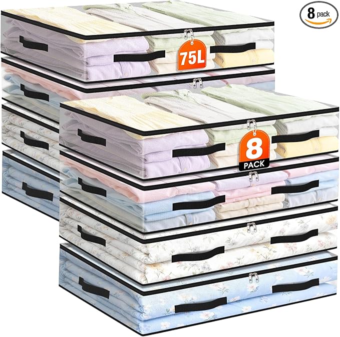 8 Pack Under Bed Storage Bags, 75L Foldable Clear Storage Containers with Handles, Dual Zippers for Comforter, Clothes, Bedding, Linen Sheets, Sweaters, Blanket Storage