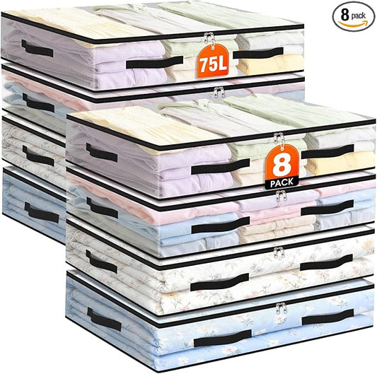 8 Pack Under Bed Storage Bags, 75L Foldable Clear Storage Containers with Handles, Dual Zippers for Comforter, Clothes, Bedding, Linen Sheets, Sweaters, Blanket Storage