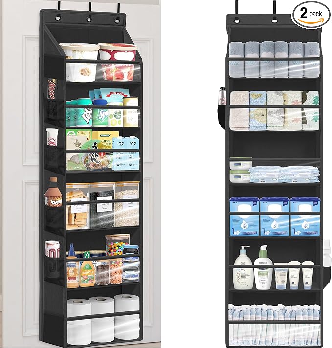 Over Door Organizer with 6 Extra Large Pockets 12 Side Pockets, 2-Pack Sturdy Closet Rack, Hanging Storage Organizer with Clear Window for Shoes, Diapers, Toys, Bedroom, Bathroom, Black