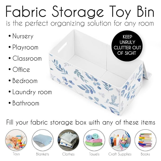 Sweet Jojo Designs Floral Leaf Boy or Girl Small Fabric Toy Bin Storage Box Chest For Baby Nursery or Kids Room - Blue Grey and White Boho Watercolor Botanical Flower Woodland Tropical Garden