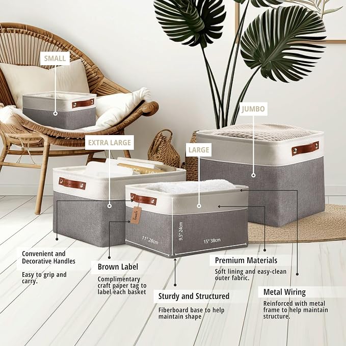 DECOMOMO Storage Bins, Large Fabric Storage Baskets for Shelves, Decorative Linen Closet Organizer, 15 x 11 x 9.5 inches (Grey & White, 3 Pack)