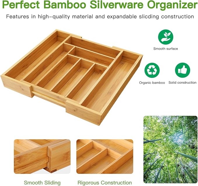 Pipishell Bamboo Expandable Drawer Organizer for Utensils Holder, Adjustable Cutlery Tray, Wood Drawer Dividers Organizer for Silverware, Flatware, Knives in Kitchen, Bedroom, Living Room(M-N)