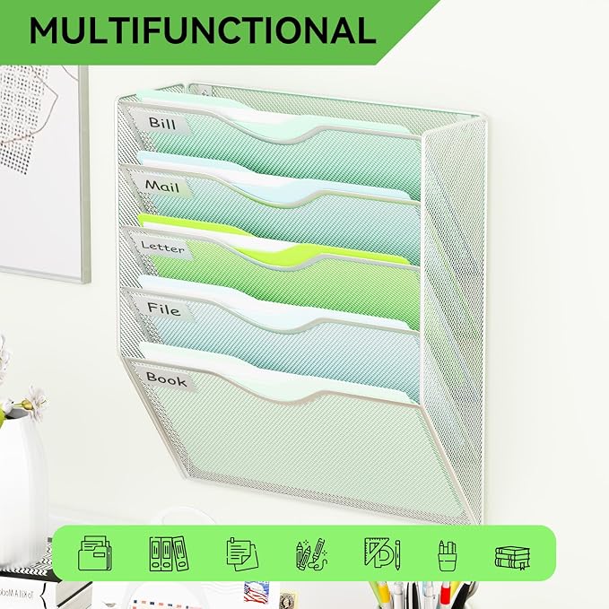 5 Pockets Hanging Wall File Organizer Mail Holder, Wall Mounted Paper Document Folder Holder, Clipboard Storage Organization Magazine Rack, Silver